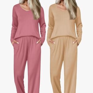 Cozy Women's Ribbed Pajama Set - Rose and Beige